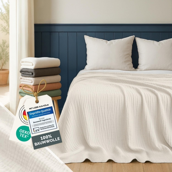 Blumtal Tagesdecke Tagesdecke Baumwolle - Musselin Decke Oeko-TEX zert. - Bettüberwurf, Couch Überwurf - leichte Kuscheldecke Baumwolle 100%