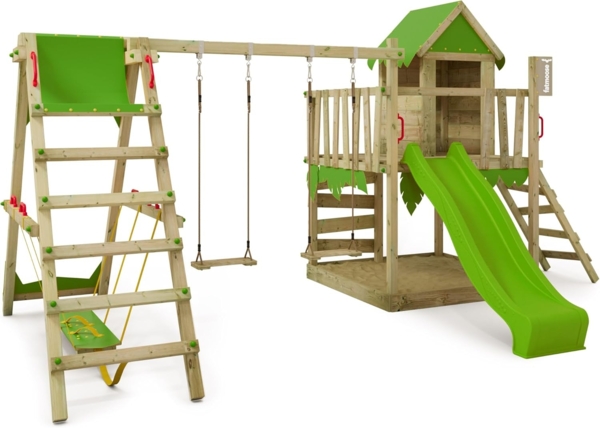 FATMOOSE Spielturm Klettergerüst JazzyJungle mit Schaukel SurfSwing & apfelgrüner Rutsche, Spielhaus mit Sandkasten, Leiter & Spiel-Zubehör