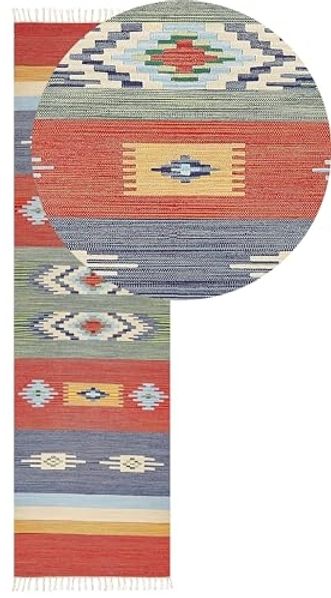 Kelim Teppich Baumwolle mehrfarbig 80 x 300 cm geometrisches Muster Kurzflor KAMARIS