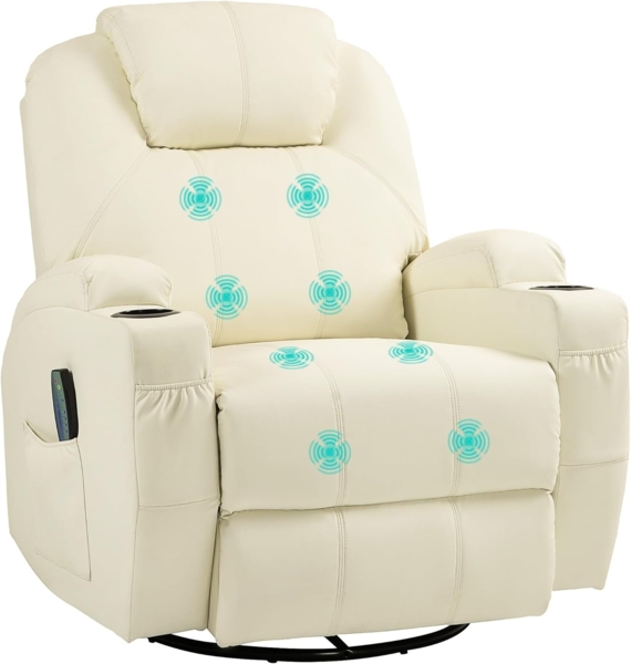 HOMCOM Massagesessel mit Fernbedienung, Drehbarer Fernsehsessel mit Liegefunktion (Ruhesessel, 1-St, Relaxsessel), für Wohnzimmer, Cremeweiß