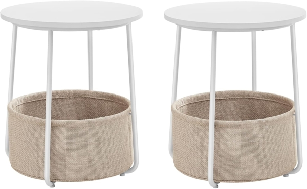 VASAGLE Beistelltisch mit Korb aus Stoff, Holzspanplatte, Ø 45x50 cm, Weiß / Beige