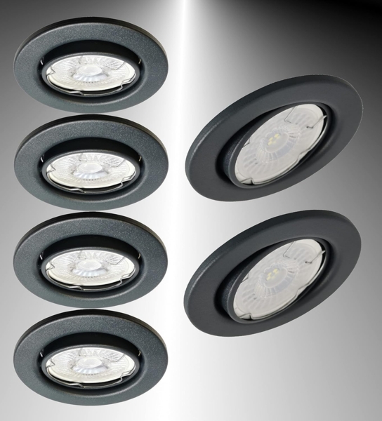 TRANGO LED Einbauleuchte, 6er Set 6729-061MCOB LED Einbaustrahler in Anthrazit matt schwenkbar inkl. 6x 5 Watt 3000K warmweiß Ultra Flach LED Modul, Einbauspots, Deckenstrahler, Badleuchte, Deckenleuchte, Deckenspot, Downlight