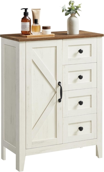 VASAGLE Aufbewahrungsschrank, LIRY Kollektion, im Landhausstil, mit 4 Schubladen, Tür, verstellbare Ablage, Holz Vintageweiß, 30 x 60 x 80 cm