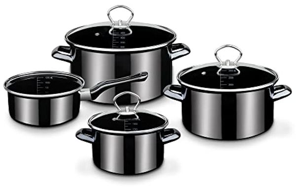 GSW Topf-Set Profi-Black-Star, Stahl-Emaille (Set, 7-tlg, 1x Stielkasserolle 16 cm, je 1x Fleischtopf 16/20/24 cm), Induktion