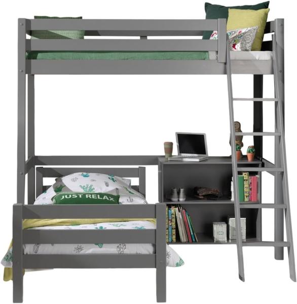 Vipack Winkel Hochbett mit 2 Liegeflächen 90x200 cm und Regal, Ausf. grau lackiert