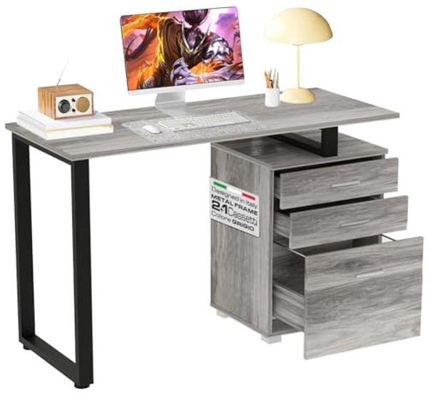 BAKAJI Scrivania Con cassettiera Schreibtisch mit Schublade, Computertisch, Stahl, Holz, Büro grau, Unica