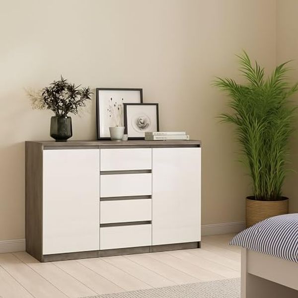 Dmora - Kommode Alix, Wohnzimmerbuffet, Wohnzimmer-Sideboard, Moderne Küchen-Speisekammer, 121x50 h91 cm, Zement und Weiß