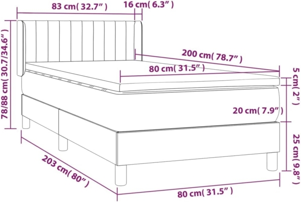 vidaXL Boxspringbett mit Matratze Schwarz 80x200 cm Stoff, Härtegrad: H2 [3130387] Bild 3
