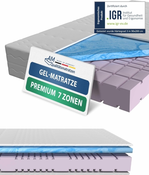 AM Qualitätsmatratzen Kaltschaummatratze mit 6 cm Gelschaum-Auflage, H3, Höhe 24 cm, 160x200 cm