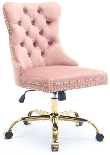 SeedWave Bürostuhl Samt-Schminkstuhl mit gesteppter Rückenlehne und Nagelkopfverzierung, Vintage Britischer, höhenverstellbar, schwenk- & rollbar, bis 150 kg
