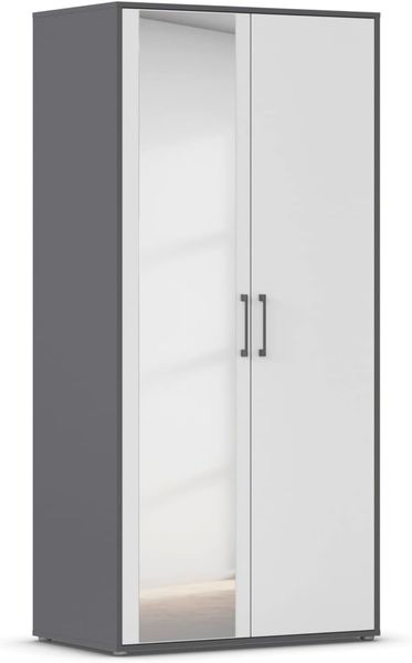 Rauch Möbel Hamilton, Kleiderschrank, Schrank, Garderobe, Organizer, 2-türig, mit Spiegel, Farbe Weiß/Grau metallic, Schwarz, Stangengriff Grau metallic, 93 x 194 x 54 cm