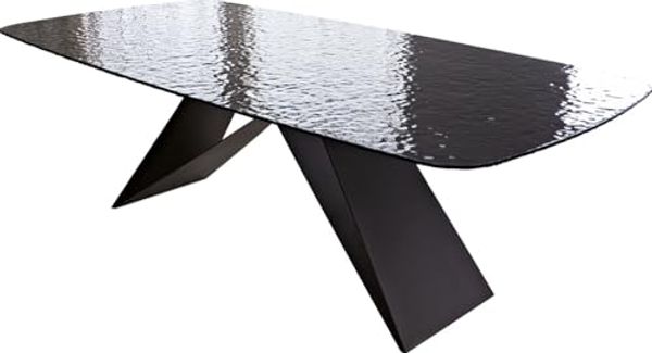 Esstisch Edge Boot 240x120 Reliefglas Rauchschwarz 3D-Design V-Gestell Flachstahl Schwarz