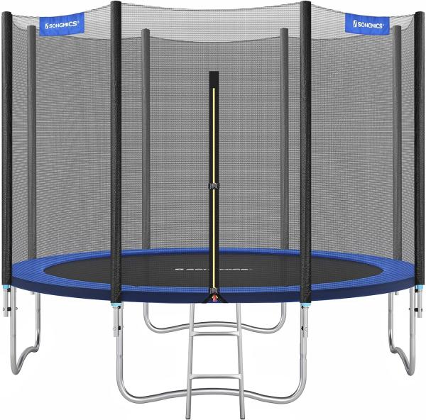 Songmics Trampolin mit Sicherheitsnetz, Leiter und gepolsterten Stangen, schwarz-blau, Ø 244 cm