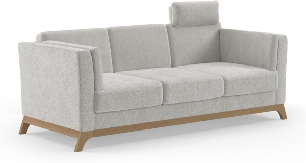 Cavadore 3er-Sofa Vida / 3-Sitzer Couch im trendigen Design mit massivem Holzrahmen in Buche, Kopfstütze mit Kuschelkissen / 213 x 84 x 93 / Chenille, Beige