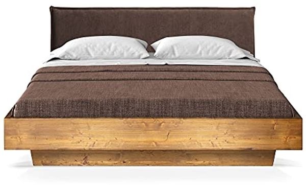 Möbel-Eins CURBY Wangenbett mit Polster-Kopfteil, Material Massivholz, rustikale Altholzoptik, Fichte gebürstet Vintage 180x220 cm Stoff Braun ohne Steppung Bild 2