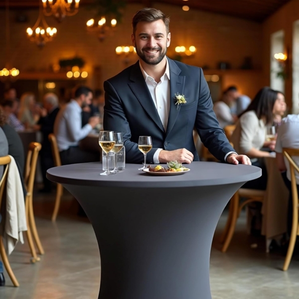 Casaria® Stehtisch mit Husse 70cm Klappbar Grau Rund Holz Metall Pulverbeschichtet Wetterfest Hoch Set Hochzeit Bistrotisch Bartisch Garten Partytisch Bild 2