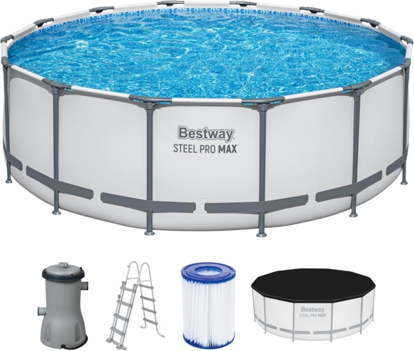 Bestway Steel Pro MAX Frame Pool Komplett-Set mit Filterpumpe Ø 427 x 122 cm, lichtgrau, rund