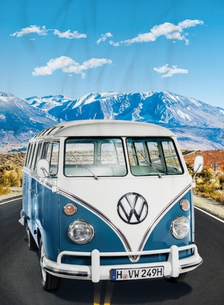 BERONAGE Tagesdecke Volkswagen Decke VW Bulli T1 Adventure Blau 150x200 cm Kuscheldecke, passend zur Bettwäsche, ideal für Sofa, Couch, Bett, Auto, Camping