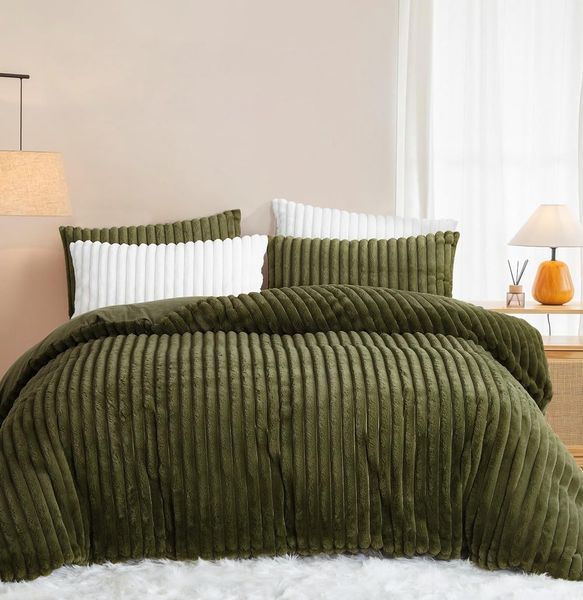 Lanqinglv Plüsch Bettwäsche 135x200 Olivgrün Grün Warme Winter Flauschig Flanell Kunstfell Winterbettwäsche Kuschelig Cashmere Touch Dick Sherpa Bettbezug mit Reißverschluss und 1 Kissenbezug 80x80 cm