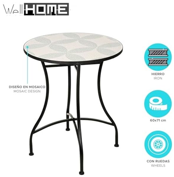 Well Home Bistrotisch mit Mosaik-Design, 60x71 cm, Eisenrohr und Platte in Creme und Salvégrün Bild 3