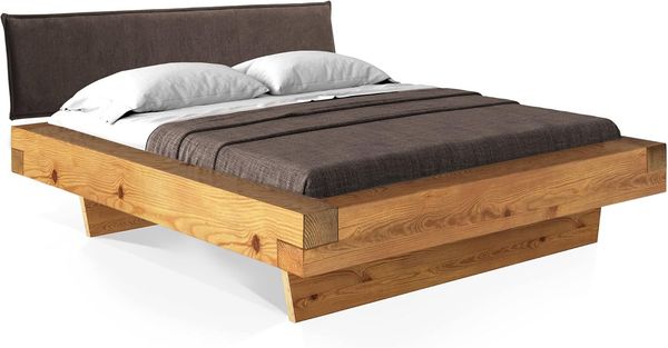 Möbel-Eins CURBY Balkenbett mit Polster-Kopfteil, Wangenfuß, Material Massivholz Natur 180x200 cm Stoff Braun