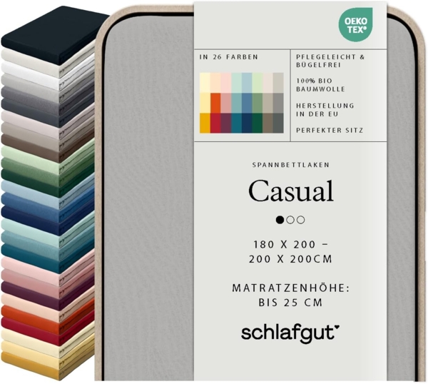 Schlafgut Spannbettlaken CASUAL u.a. in Gr. 90x200, 140x200 oder 180x200 cm, 100% Bio-Baumwolle, Jersey, Gummizug: rundum, (1 Stück), Bettlaken für Matratzen bis 25 cm Höhe, zuverlässig, langlebig, weich