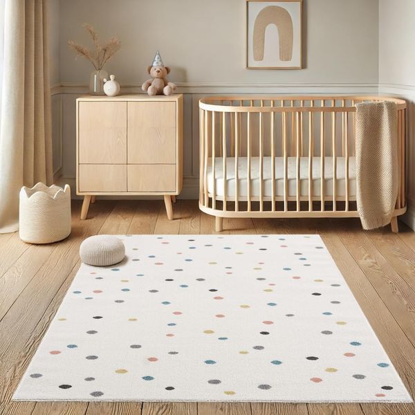 payé Teppich Kinderzimmer - Cream - 120x160 cm - Spielteppich Bunte Punkte Kurzflor Kinderteppich - Oeko-Tex Standard 100