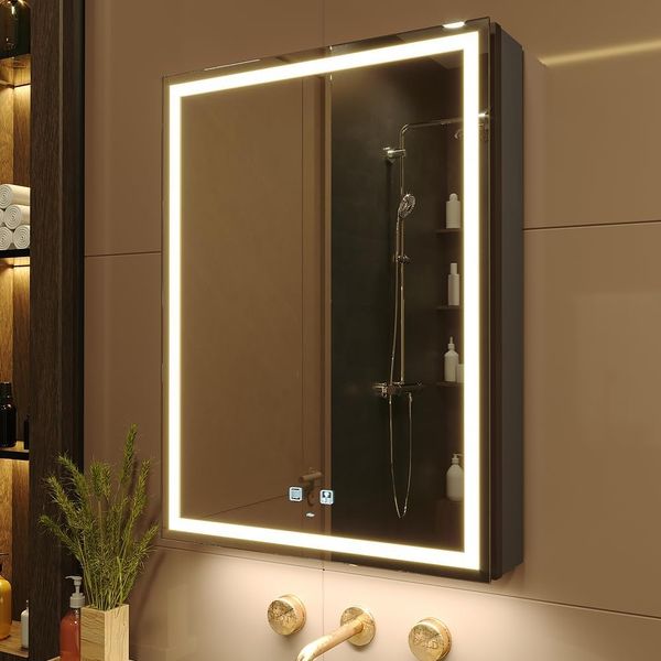 KWW 50x70 cm LED Beleuchtetes Badezimmer Medizin Kabinett mit Spiegel, Farbtemperatur Einstellbar, Anti-Nebel Dimmbare Lichter, Steckdosen für USBs