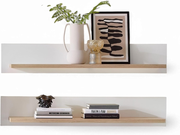 Stella Trading Memphis 2er Set Wandboard in Weiß, Artisan Eiche Optik FSC-Zertifiziert - Vielseitig einsetzbare Wandregale mit LED-Beleuchtung - 100 x 15 x 23 cm (B/H/T)
