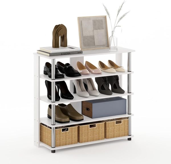 Furinno Turn-N-Tube 5-stöckiges breites Schuhregal, Weiße Eiche/Chrom