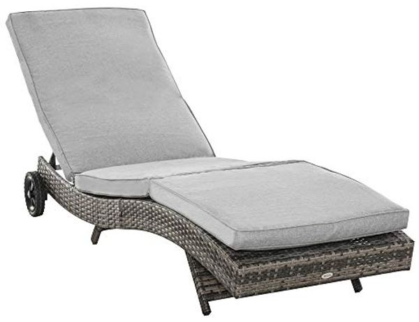 Outsunny Gartenliege Gartenliege mit Kissen, Polyrattan Sonnenliege, 1 St, Rattanliege, Metall Grau 207 x 70 x 70 cm