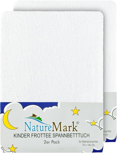 NatureMark Spannbettlaken Frottee Spannbettlaken, 80% Baumwolle / 20% Polyester, Gummizug: rundum, (2 Stück), 2er Set Kinder Spannbettlaken Frottee, Spannbetttuch 80% Baumwolle / 20% Polyester, für Babybett und Kinderbett, 70x140 cm - Weiß