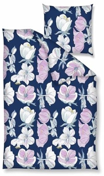 Bettwäsche Baumwolle, Traumschloss, Renforcé, 2 teilig, Blumen in rosa weiß, blauer Hintergrund