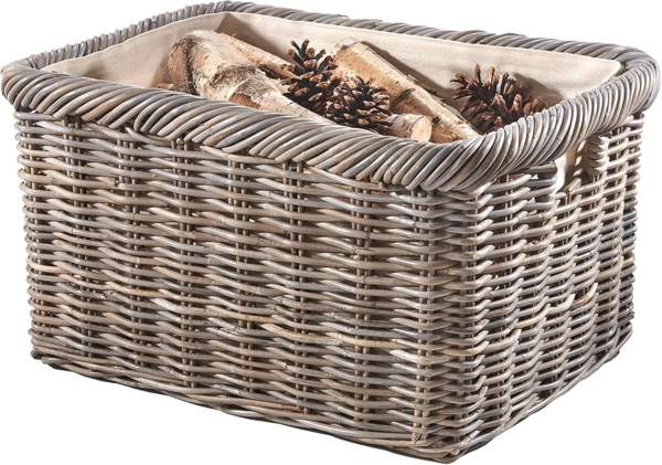 Kobolo Kaminholzkorb Holztrage Korb Rattan grau mit Jutestoff hell - Aufbewahrungskorb (Stückzahl, 1 St, 1 Korb), 55x39x30 cm