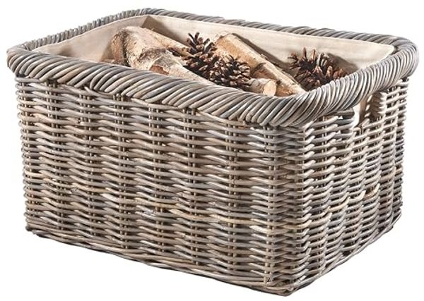 Kobolo Kaminholzkorb Holztrage Korb Rattan grau mit Jutestoff hell - Aufbewahrungskorb (Stückzahl, 1 St, 1 Korb), 55x39x30 cm