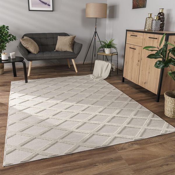 Paco Home Teppich Utrecht 642, rechteckig, Höhe: 4 mm, Kurzflor, Uni Farben, 3D-Design, Rauten Muster, Hoch-Tief Effekt
