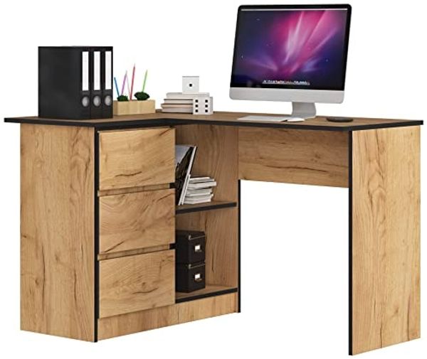 AKORD Eck-Schreibtisch B-16 mit 3 Schubladen und 2 Ablagen | Schreibtisch | ecktisch | Eck Schreibtisch für Home Office | Einfache Montage | B124 x H77 x T85, 48 kg Kraft Eiche