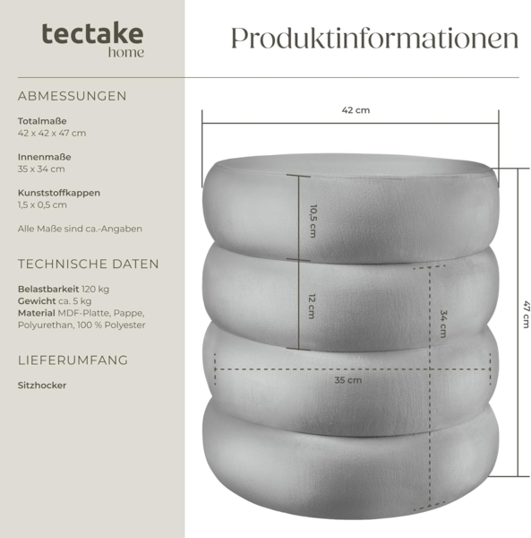 tectake® Hocker mit Stauraum, Scandi Sitzhocker Samt Stoff, Pouf, Polsterhocker rund für Schminktisch, Schlafzimmer, Wohnzimmer Möbel, als Flur Möbel, Stauhocker Wohnen - Samtoptik grau Bild 2