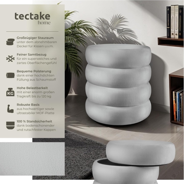 tectake® Hocker mit Stauraum, Scandi Sitzhocker Samt Stoff, Pouf, Polsterhocker rund für Schminktisch, Schlafzimmer, Wohnzimmer Möbel, als Flur Möbel, Stauhocker Wohnen - Samtoptik grau Bild 3