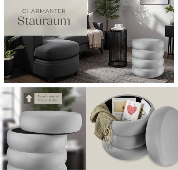 tectake® Hocker mit Stauraum, Scandi Sitzhocker Samt Stoff, Pouf, Polsterhocker rund für Schminktisch, Schlafzimmer, Wohnzimmer Möbel, als Flur Möbel, Stauhocker Wohnen - Samtoptik grau Bild 6