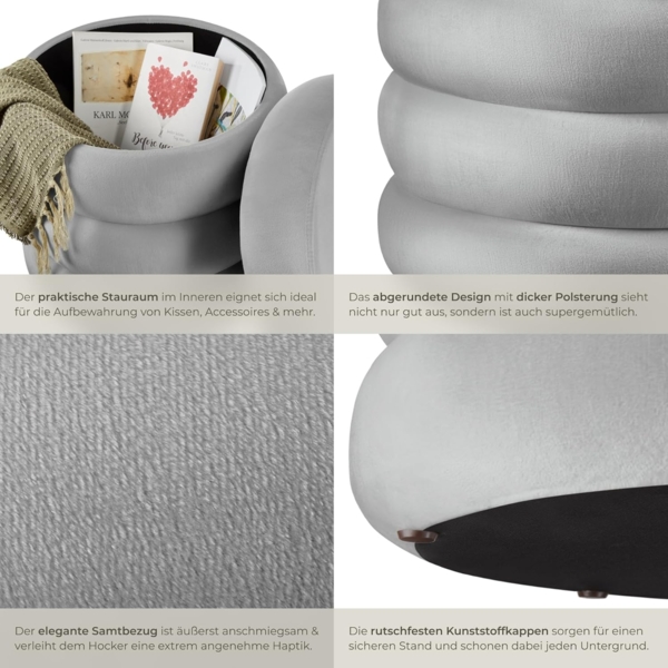 tectake® Hocker mit Stauraum, Scandi Sitzhocker Samt Stoff, Pouf, Polsterhocker rund für Schminktisch, Schlafzimmer, Wohnzimmer Möbel, als Flur Möbel, Stauhocker Wohnen - Samtoptik grau Bild 5