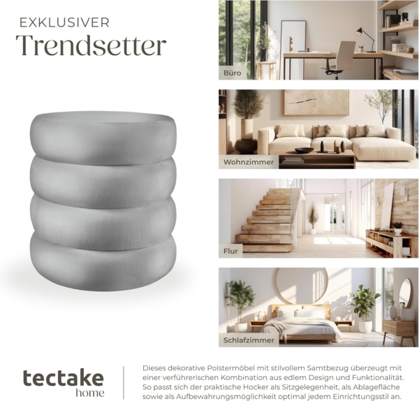 tectake® Hocker mit Stauraum, Scandi Sitzhocker Samt Stoff, Pouf, Polsterhocker rund für Schminktisch, Schlafzimmer, Wohnzimmer Möbel, als Flur Möbel, Stauhocker Wohnen - Samtoptik grau Bild 7