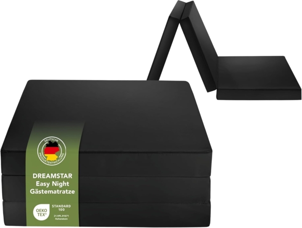 Dreamstar Easy Night | 3-teilige Faltbare Gästematratze | 7 cm hoch | Öko-Tex Zertifiziert | Klappmatratze schwarz | 60x190 cm