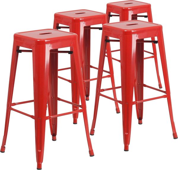 Flash Furniture Lily Barhocker aus Metall, kommerzielle Qualität, 76,2 cm hoch, rückenfrei, für drinnen und draußen, mit quadratischem Sitz, Rot, 4 Stück