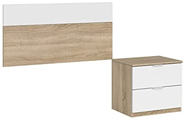 Dmora - Honolulu-Kopfteil, Nachttisch mit zwei Schubladen und Kopfteil für 90 cm breites Einzelbett, 100x50 cm, Eiche und Weiß