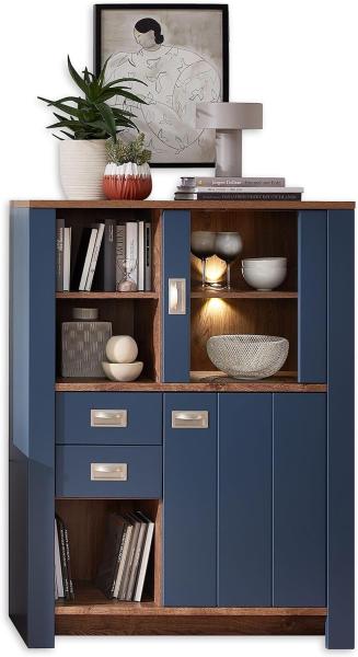 DIJON Vitrine in Parisian Blue, Haveleiche Cognac Optik - Moderner Vitrinenschrank mit LED-Beleuchtung und viel Stauraum - 98 x 134 x 38 cm (B/H/T)