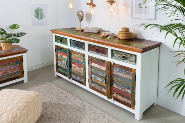 riess-ambiente Sideboard JAKARTA 160cm weiß / natur / bunt (1 St), Wohnzimmer · Massivholz · Kommode · Landhausstil