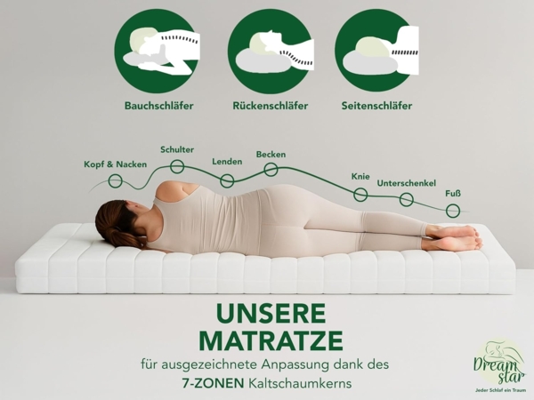 DREAMSTAR Easy Flex | ergonische 7-Zonen Kaltschaummatratze | Öko-Tex Zertifiziert | Härtegrad 2 und 3 (H2 & H3) | Rollmatratze 13 cm | Made in EU I 160x200 cm Bild 5