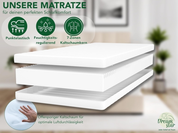 DREAMSTAR Easy Flex | ergonische 7-Zonen Kaltschaummatratze | Öko-Tex Zertifiziert | Härtegrad 2 und 3 (H2 & H3) | Rollmatratze 13 cm | Made in EU I 160x200 cm Bild 3