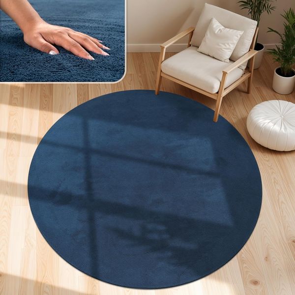 Paco Home Waschbarer Teppich Wohnzimmer Schlafzimmer Kurzflor rutschfest Flauschig Weich Moderne Einfarbige Muster, Grösse:160 cm Rund, Farbe:Navy-Blau